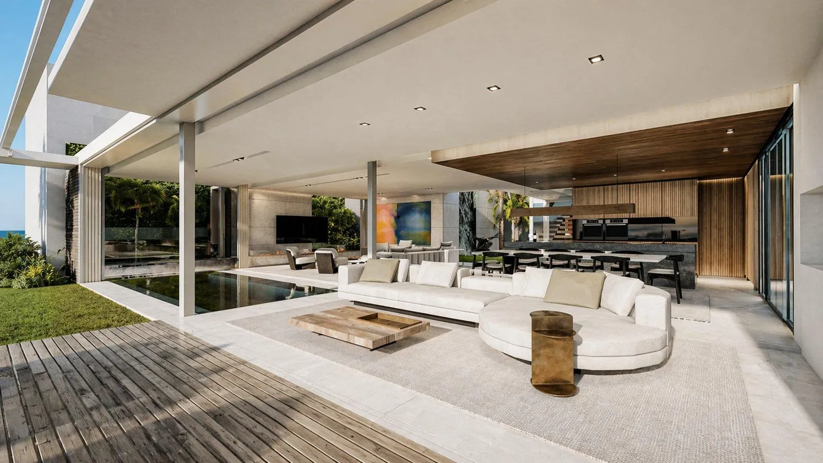 Open-plan living beside the pool under a timber ceiling