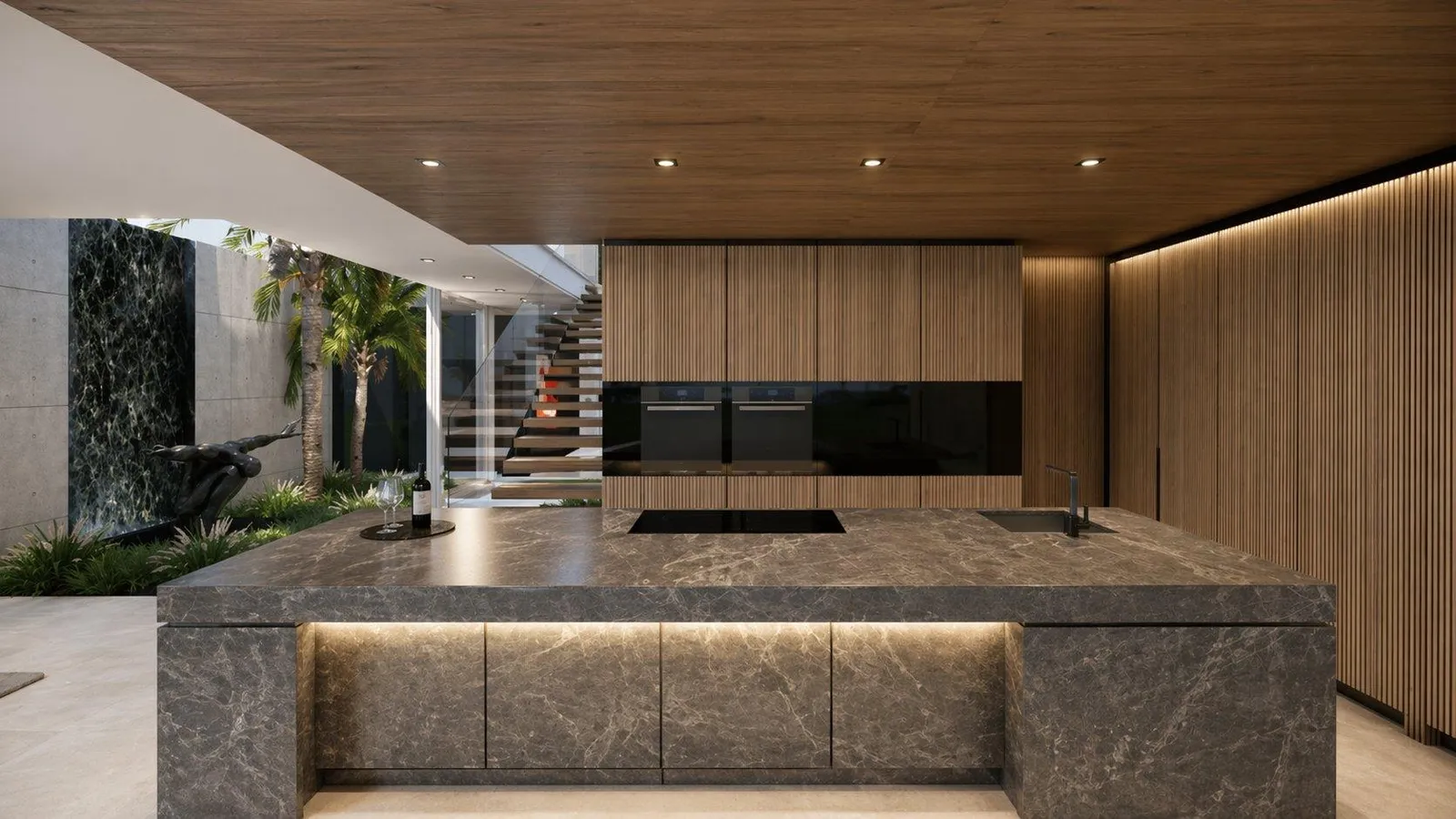 Kitchen with stone island and timber joinery