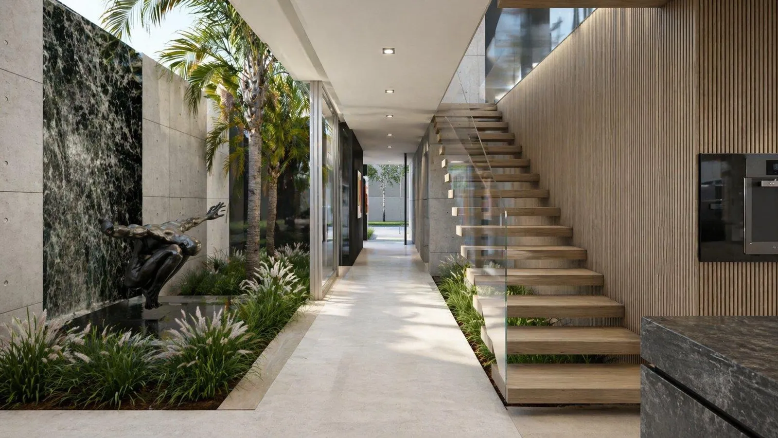 Passage with glass-sided staircase and planting