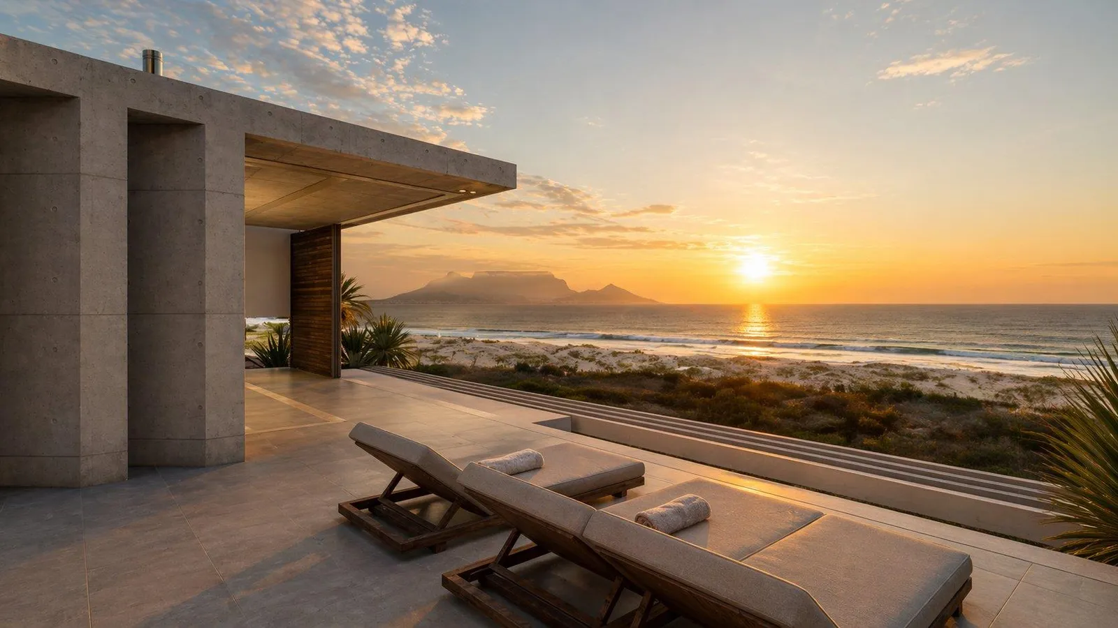 Sunset terrace with loungers facing Table Mountain