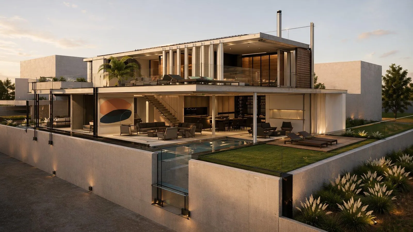 Dusk exterior with pool terrace