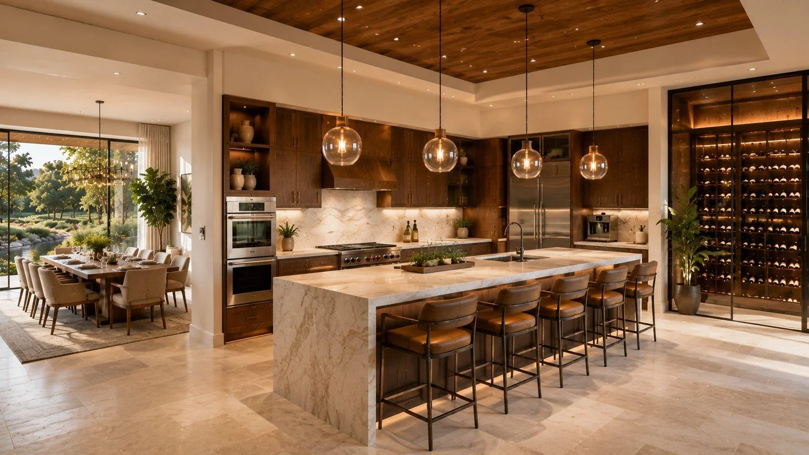 Rendering of the kitchen with marble island, timber joinery and a glass wine cellar
