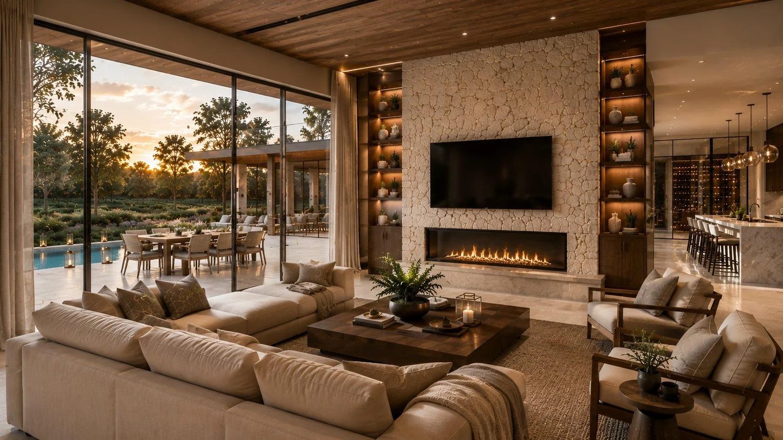 Rendering of the living room with a stone fireplace and sliding doors to the pool terrace