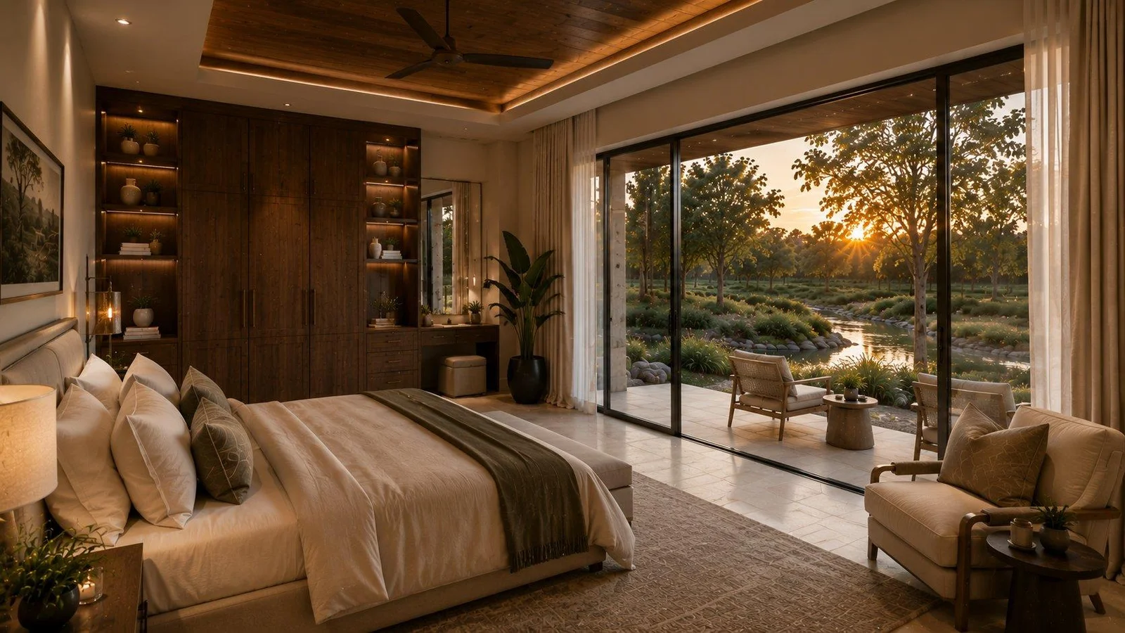 Rendering of a bedroom opening to a terrace overlooking the river at sunset
