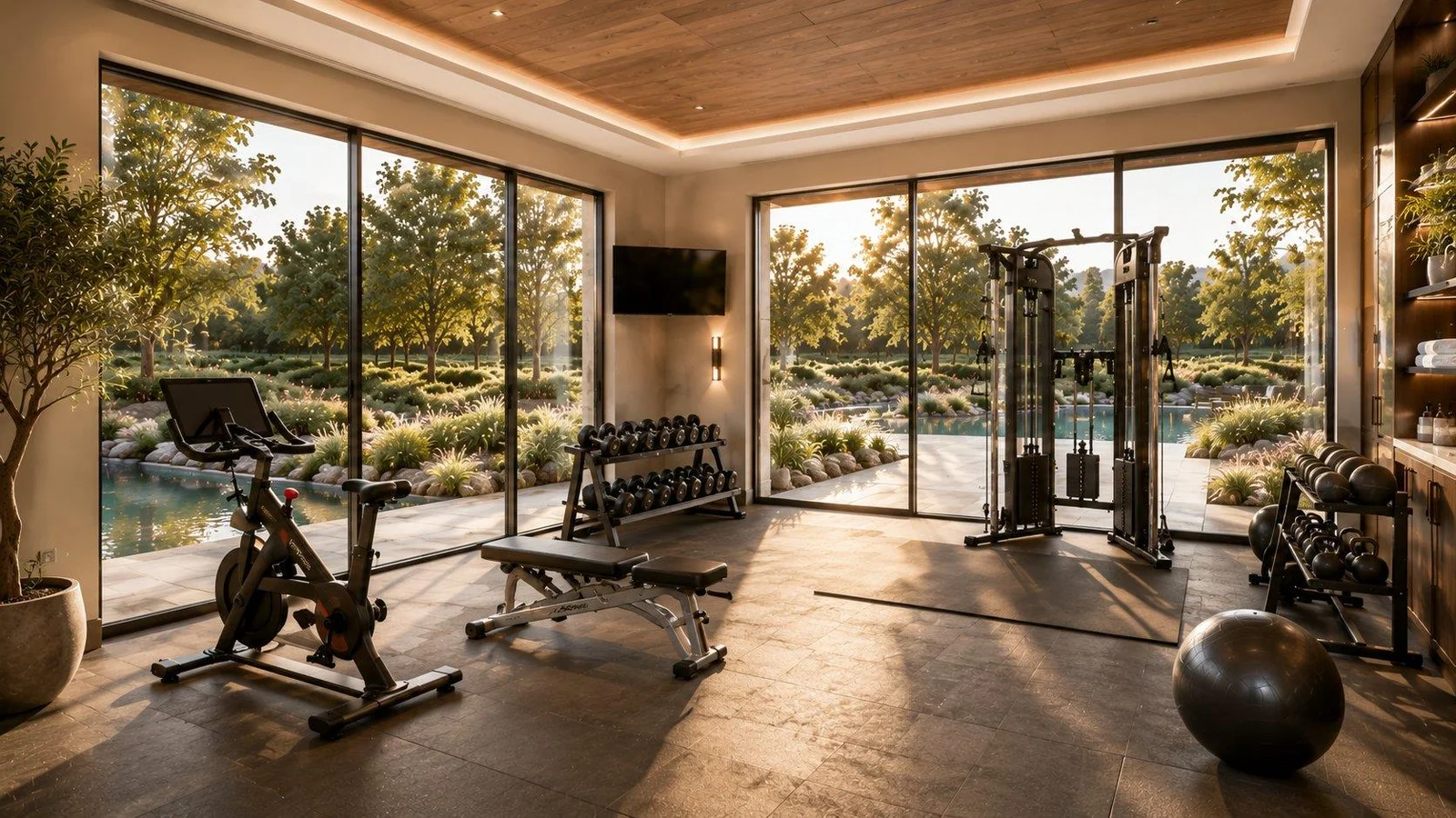 Rendering of the gym with floor-to-ceiling glazing onto the garden
