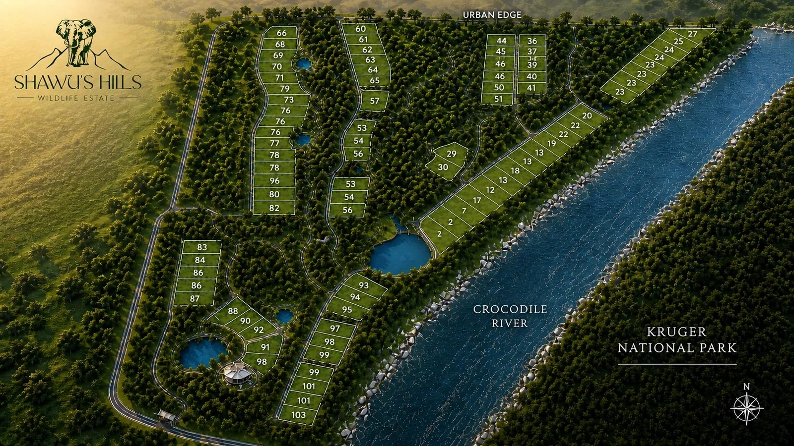 Aerial plan of a riverside estate beside the Crocodile River and the Kruger National Park