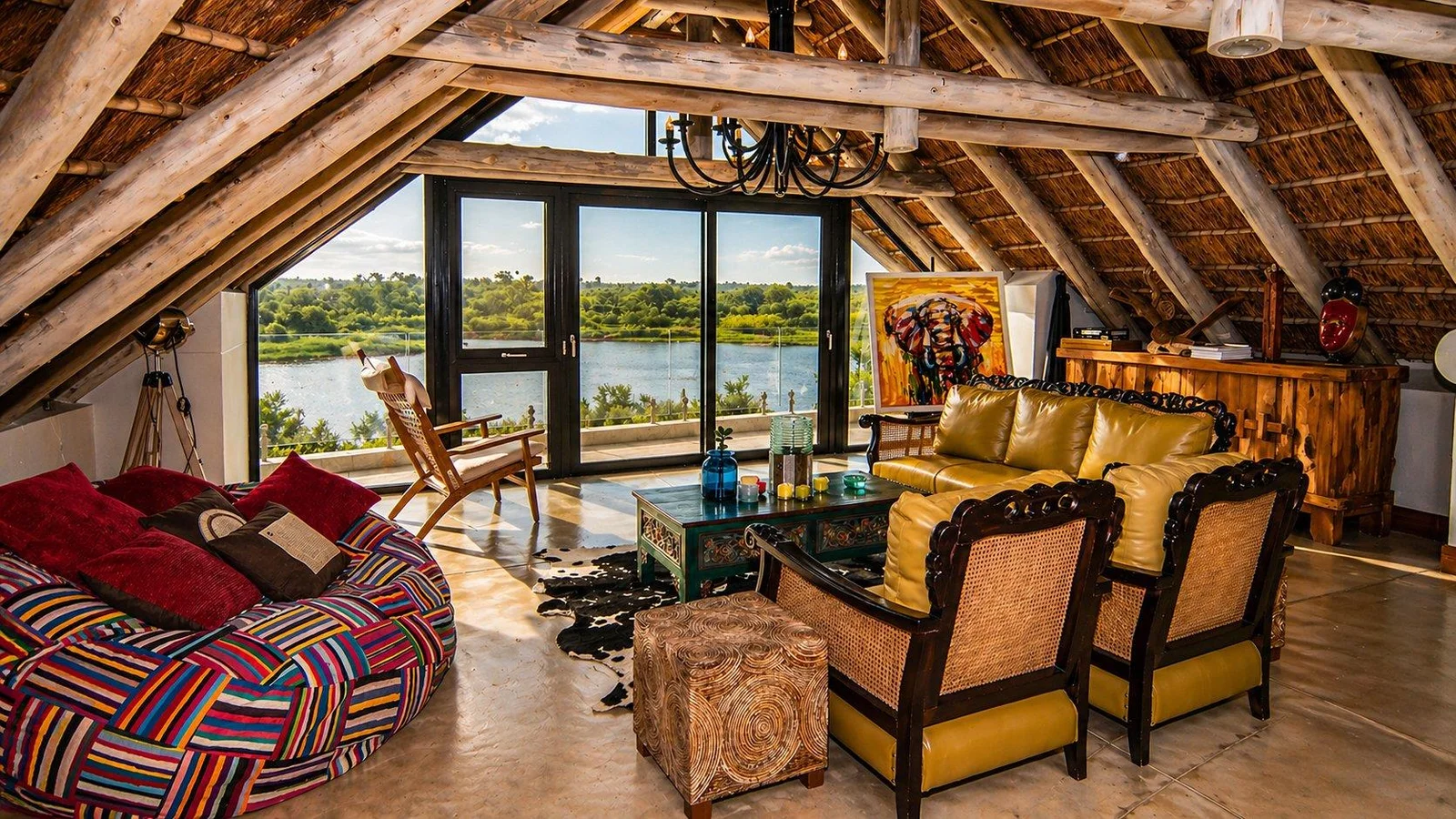 Loft lounge under exposed timber trusses with river views