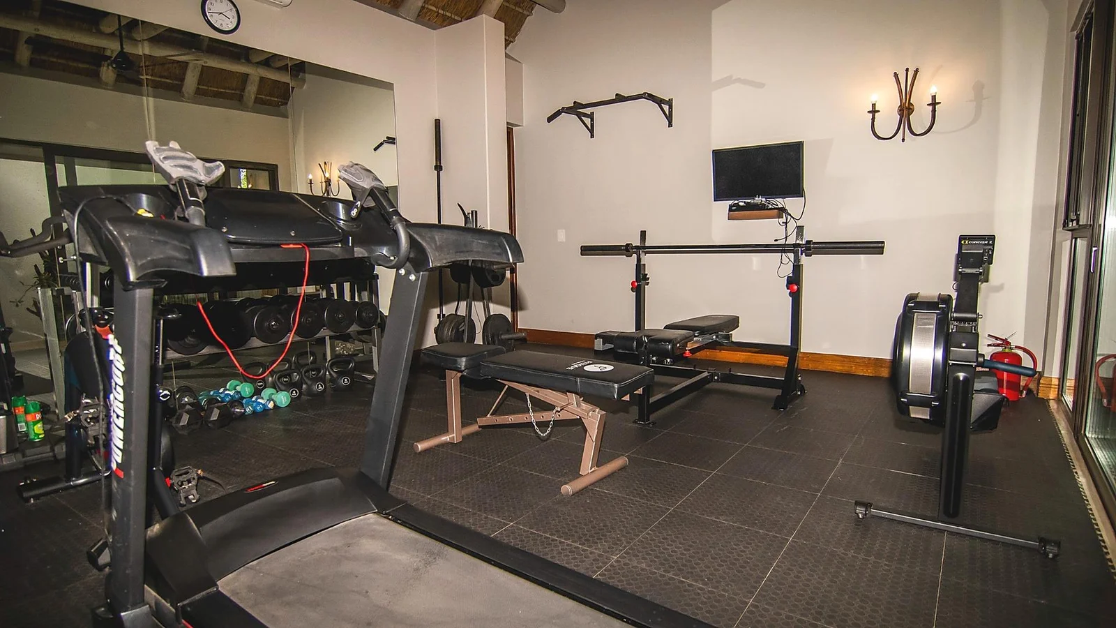 Gym with weights bench, treadmill and rowing machine