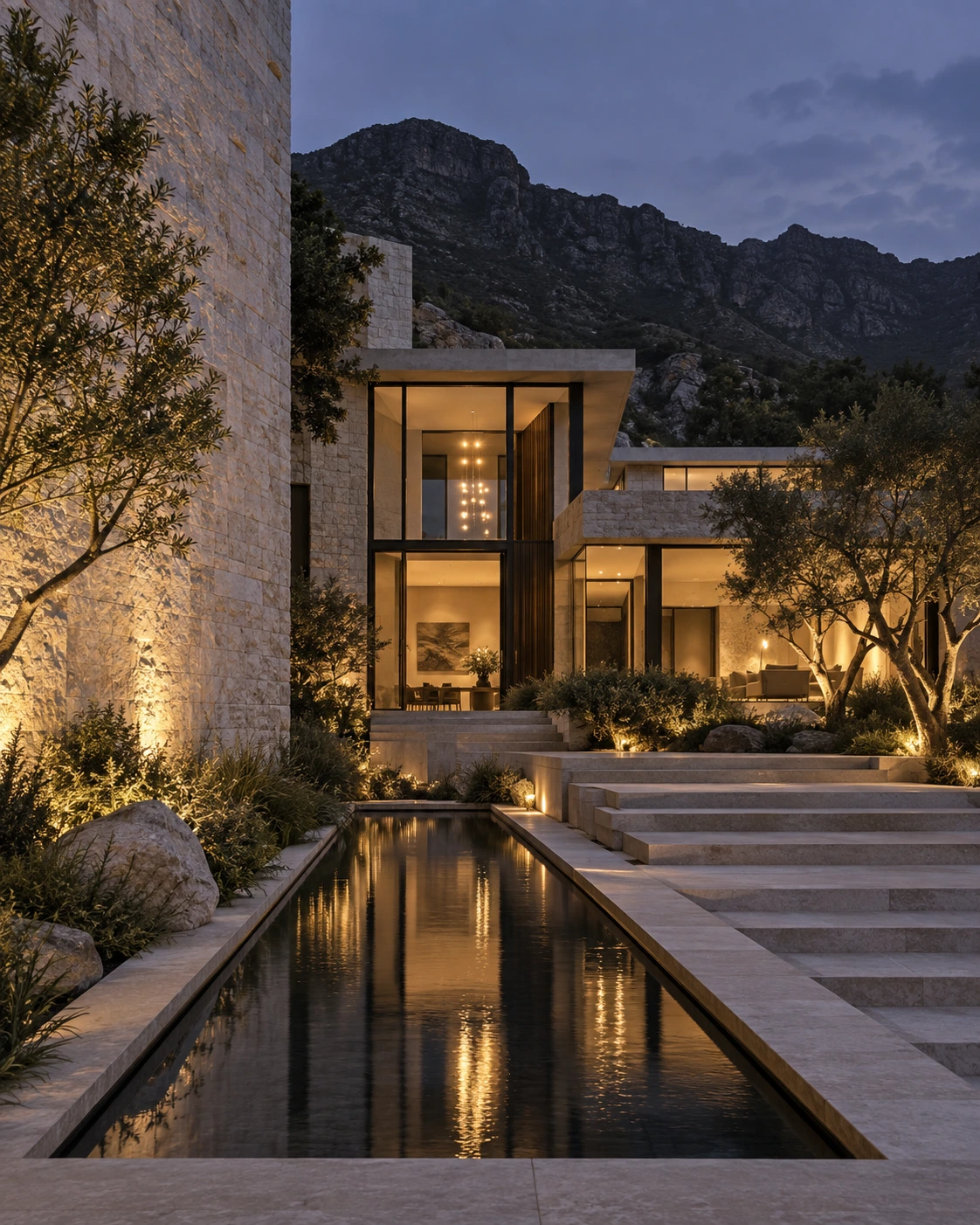 Illustrative private mountain estate with illuminated limestone walls and a reflecting pool at blue hour